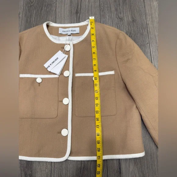 Veronica Beard Beale Contrast Detail Cotton Blend Tweed Jacket in Khaki Size 14 - Picture 9 of 14